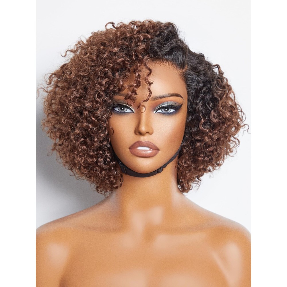LUVME HAIR 8 Inch Kinky Curly Ombre Brown Bob Wig Human Hair Pre Cut Glueless HD Lace Closure Wig, Natural Black with Brown Side Parted Short Curly Wigs For Women