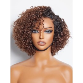 LUVME HAIR 8 Inch Kinky Curly Ombre Brown Bob Wig Human Hair Pre Cut Glueless HD Lace Closure Wig, Natural Black with Brown Side Parted Short Curly Wigs For Women