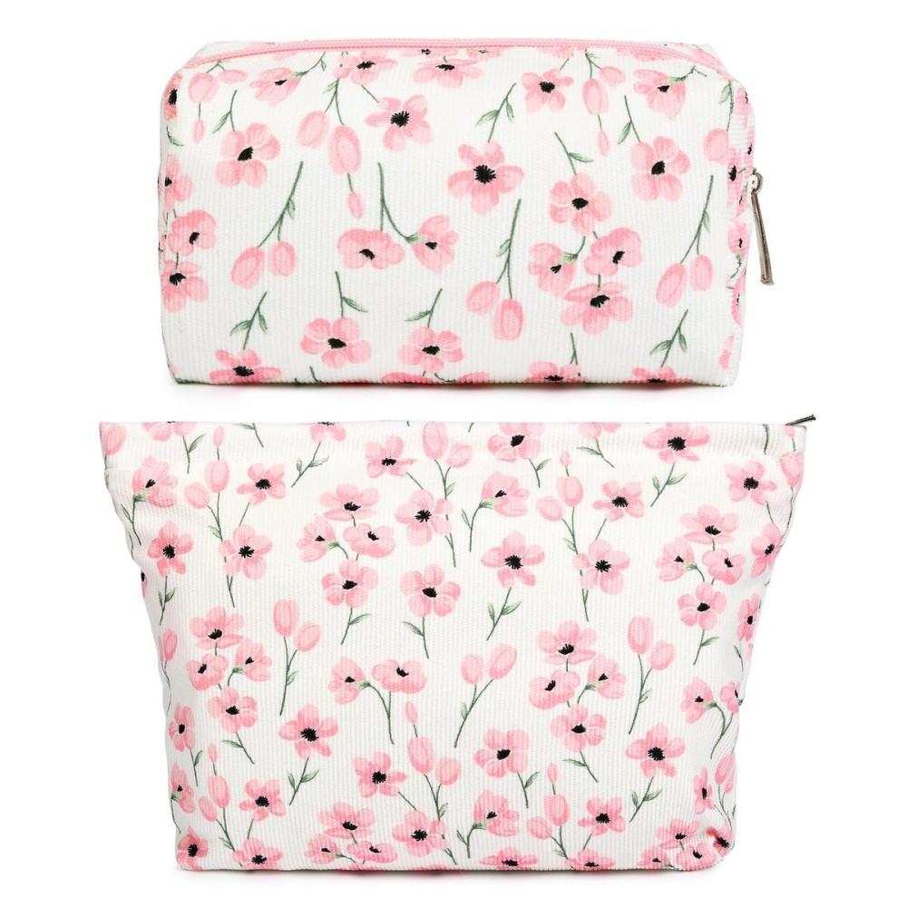 SOIDRAM 2 Pieces Flower Makeup Bag Large Floral Cosmetic Bag Capacity Canvas Mix Travel Toiletry Bag Organizer Cute Makeup Brushes Aesthetic Accessories Storage Bag for Women, Flower Mix Pink