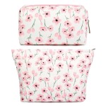 SOIDRAM 2 Pieces Flower Makeup Bag Large Floral Cosmetic Bag Capacity Canvas Mix Travel Toiletry Bag Organizer Cute Makeup Brushes Aesthetic Accessories Storage Bag for Women, Flower Mix Pink