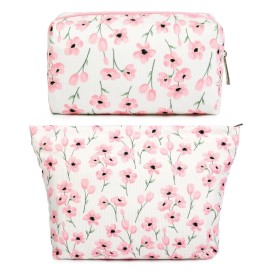 SOIDRAM 2 Pieces Flower Makeup Bag Large Floral Cosmetic Bag Capacity Canvas Mix Travel Toiletry Bag Organizer Cute Makeup Brushes Aesthetic Accessories Storage Bag for Women, Flower Mix Pink