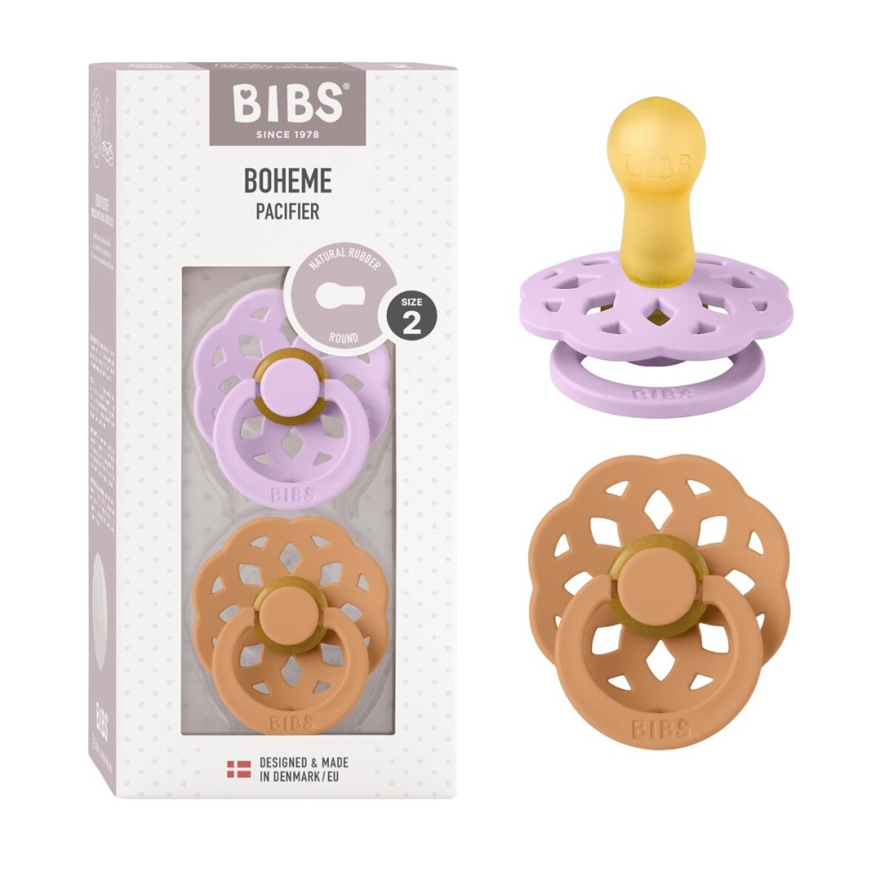 Bibs Pacifiers - Boheme Collection | BPA-Free Round Nipple | Nautral Rubber Latex | Made in Denmark | Set of 2 Violet Sky/Pumpkin Color Premium Soothers | Size 6-18 Months