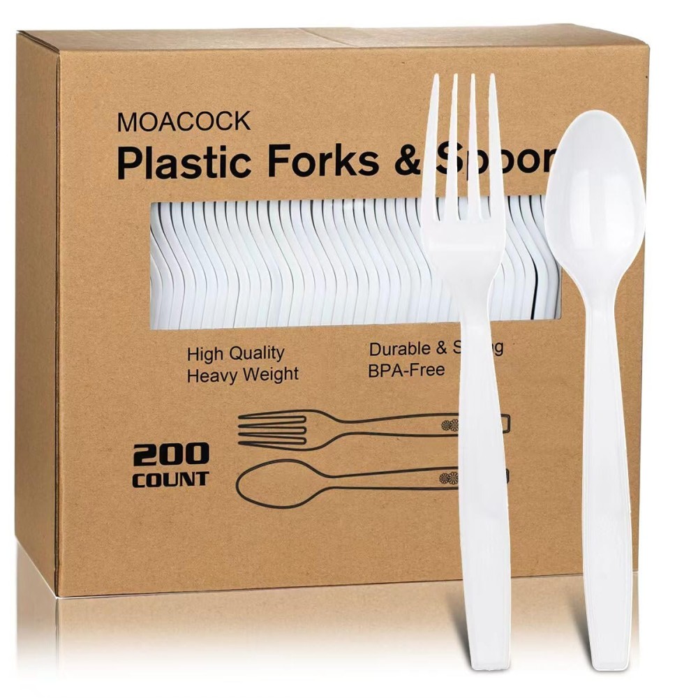 MOACOCK 200 Count White Plastic Silverware, Heavy Weight Plastic Forks Spoons Disposable Utensils Cutlery Set for Wedding Party Supplies Everyday Use