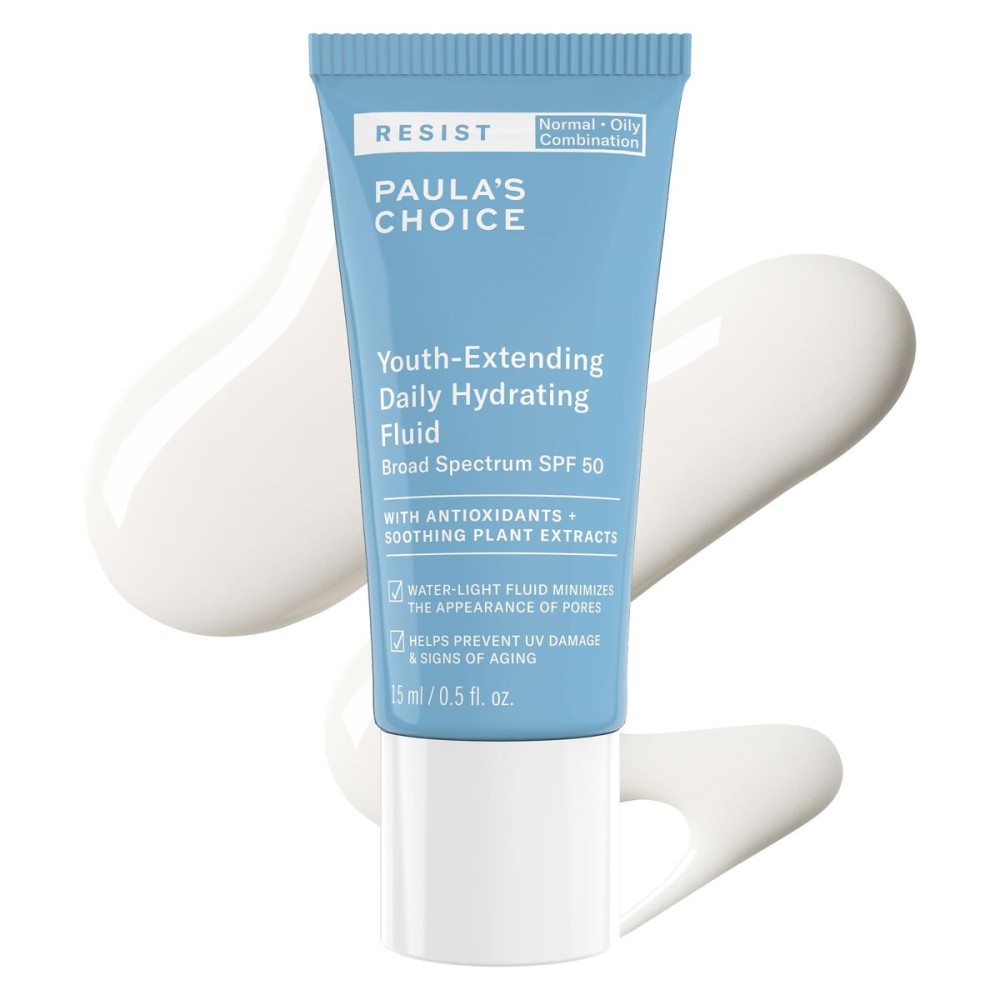 Paula\'s Choice RESIST Daily Hydrating Fluid Face Moisturizer with SPF 50 Sunscreen, Face Sunscreen for Oily Skin, Chamomile & Vitamin E, UVA/UVB Protection, Fragrance-Free, TSA Friendly, 0.5 Fl Oz