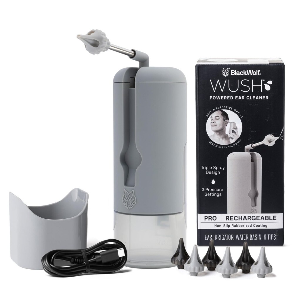 Wush Pro by Black Wolf - The Original Deluxe Water Powered Ear Cleaner with 6 Reusable Replacement Tips by Black Wolf - Safe & Effective for Ear Wax Buildup - Electric Ear Wax Removal Kit (Grey)
