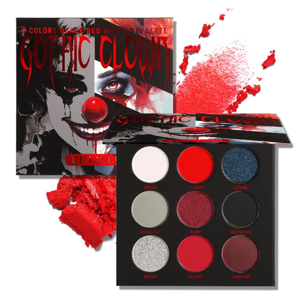 Afflano Black Red Eyeshadow Palette Goth Clown Halloween Makeup, White Silver Glitter Metallic Burgundy Black Eyeshadow Palette Highly Pigmented, Joker Vampire Christmas True Red Smoky Eye Makeup
