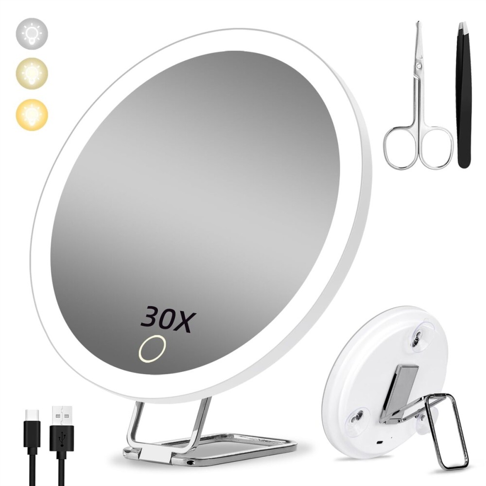 Rechargeable 30X LED Magnifying Mirror with 3 Colors Modes Dimming Light, 6 Makeup Mirror with 3 Suction Cups and 360 Table Stand