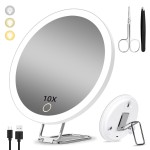 Lighted 10X Magnifying Mirror, 3 Color Modes Dimming Light, 6inch Large Rechargeable Magnified Mirror with 3 Suction Cups & 360 Stand, High Magnification Makeup Mirror with Tweezers & Scissors