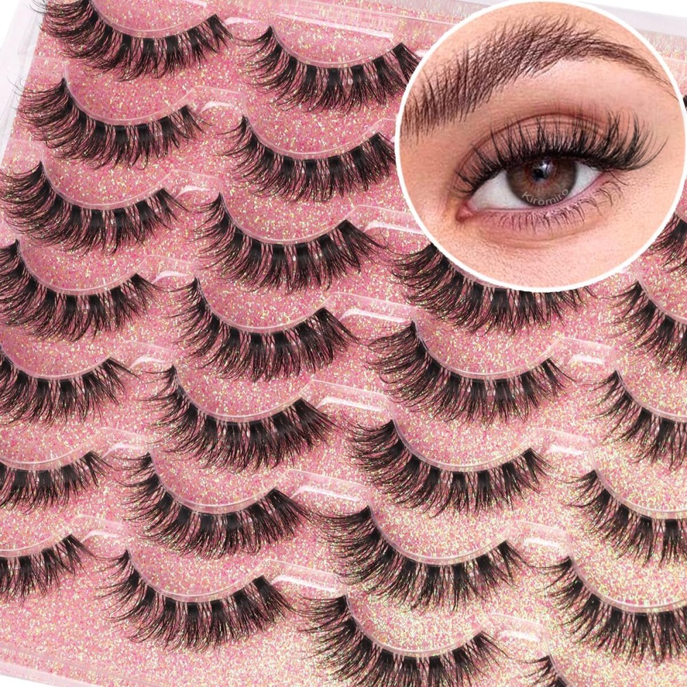 False Lashes Clear Band Faux Mink Lashes Wispy Eyelashes Cat Eye 16mm Natural D-Curl Lashes Cat Eye Strip Eyelashes Pack by Kiromiro, 14 Pairs