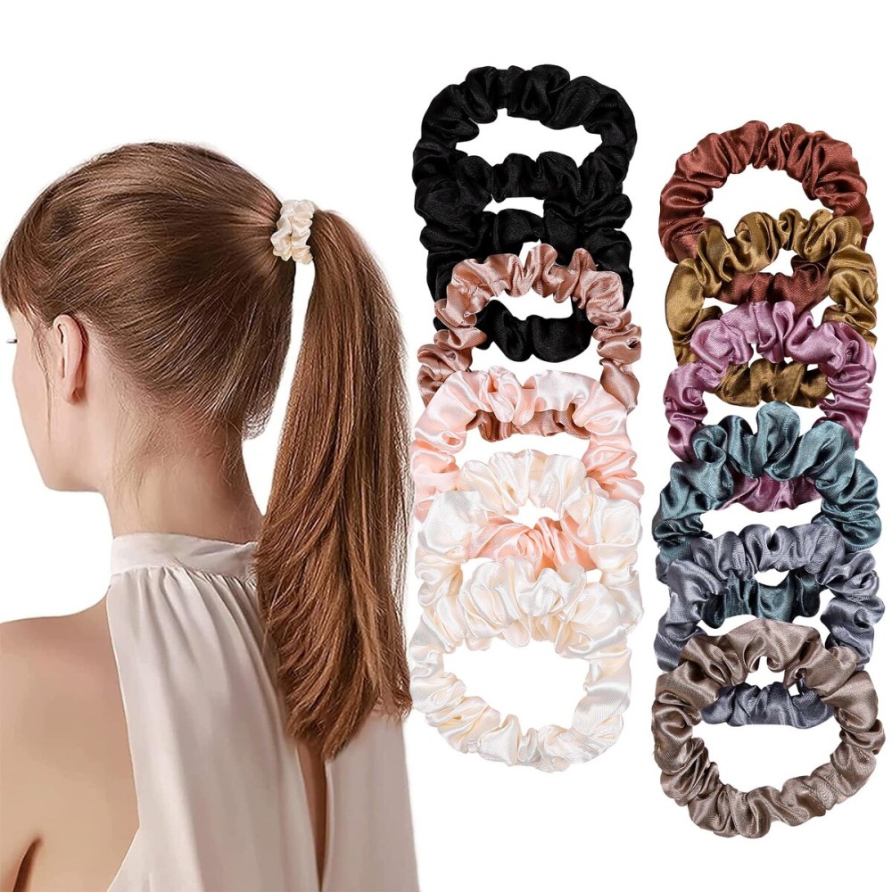 Satin, Silk Hair Ties Small Mini Scrunchy for Women Thick Hair Accessories Cute Soft No Slip Hair Elastics Ponytail Holder for Curly Hair No Damage Hairties Gift for Girls