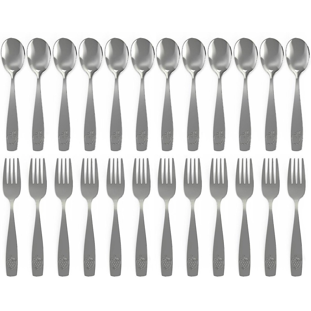 CHILLOUT LIFE Stainless Steel Kids Silverware Set 24 Pieces (2 Pack of 12) - Child and Toddler Safe Flatware - Kids Utensil Set - Metal Kids Cutlery Set (Includes 12 Small Kids Spoons & Kids 12 Forks)
