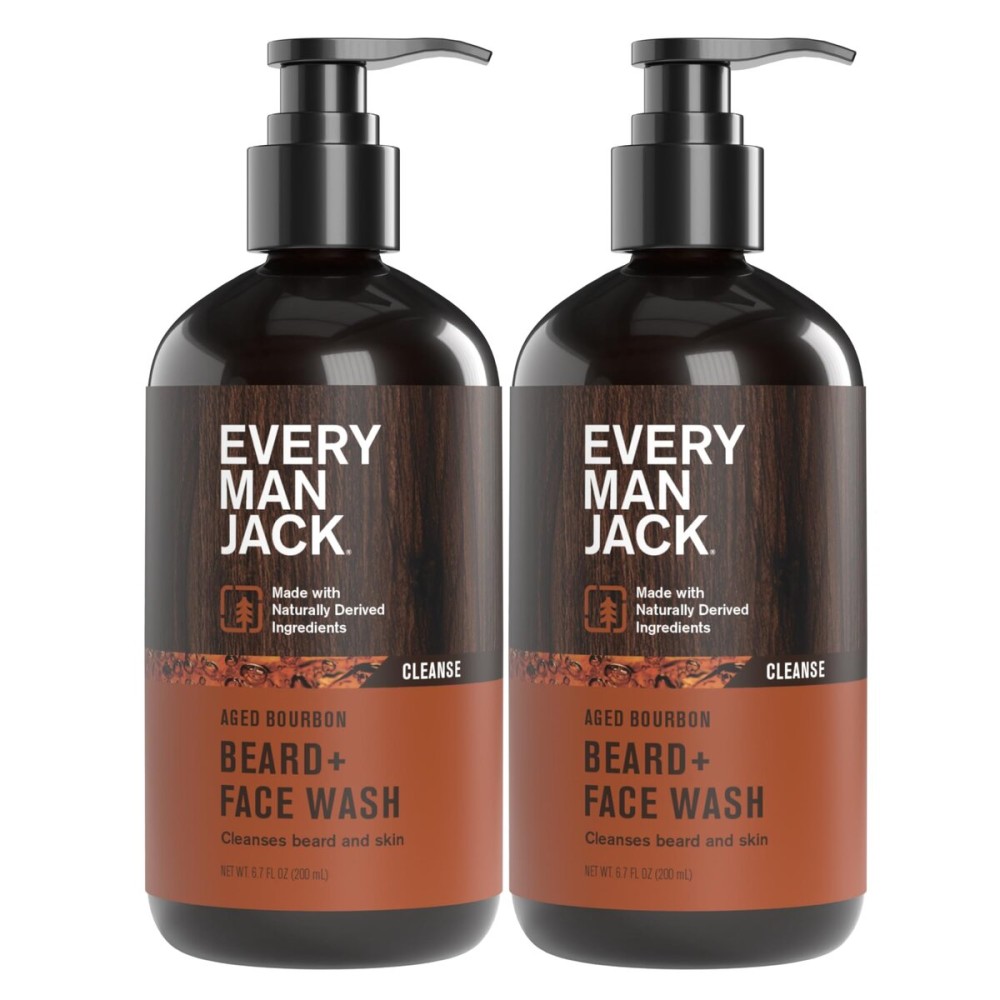 Every Man Jack Beard + Face Wash - Subtle Aged Bourbon Fragrance - Cleans and Helps Condition and Soften Your Beard and Skin Underneath - Naturally Derived with Aloe and Glycerin- 6.7 fl oz (2 Pack)