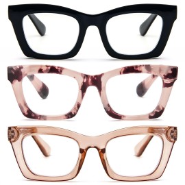 REAVEE 3 Pack Oprah Style Reading Glasses for Women,Blue Light Blocking Cute Oversized Square Computer Readers with Spring Hinge 1.0