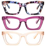 REAVEE 3 Pack Oprah Style Reading Glasses for Women Blue Light Blocking, Cute Oversized Square Computer Readers with Spring Hinge, Flower Rose Tea 3.5