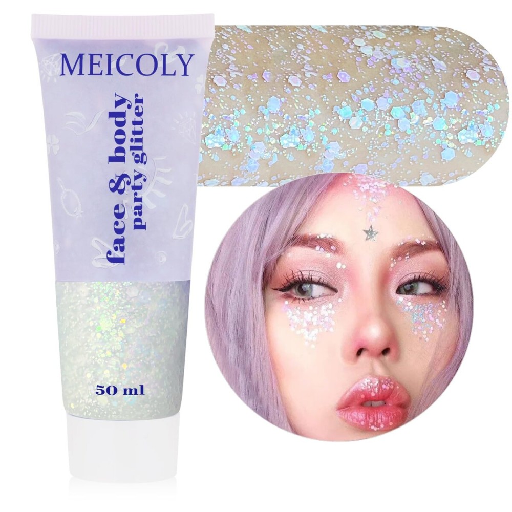MEICOLY Chameleon Iridescent White Body Glitter,Halloween Face Glitter Paint Ice Themed Aerial Performance,Color Changing Mermaid Face Glitter,Opal Glitter for Body Hair,Festival Party Cheer Makeup