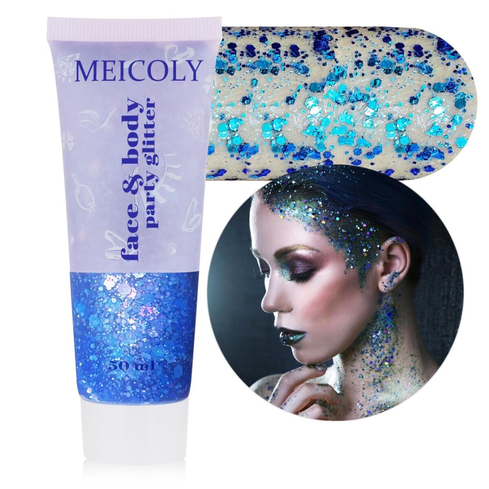 MEICOLY Chameleon Blue Hair Glitter,Chunky Face Glitter Gel,Color Changing Mermaid Singer Concerts Sparkling Glitter for Face Body,Halloween Festival Party Makeup,50ml