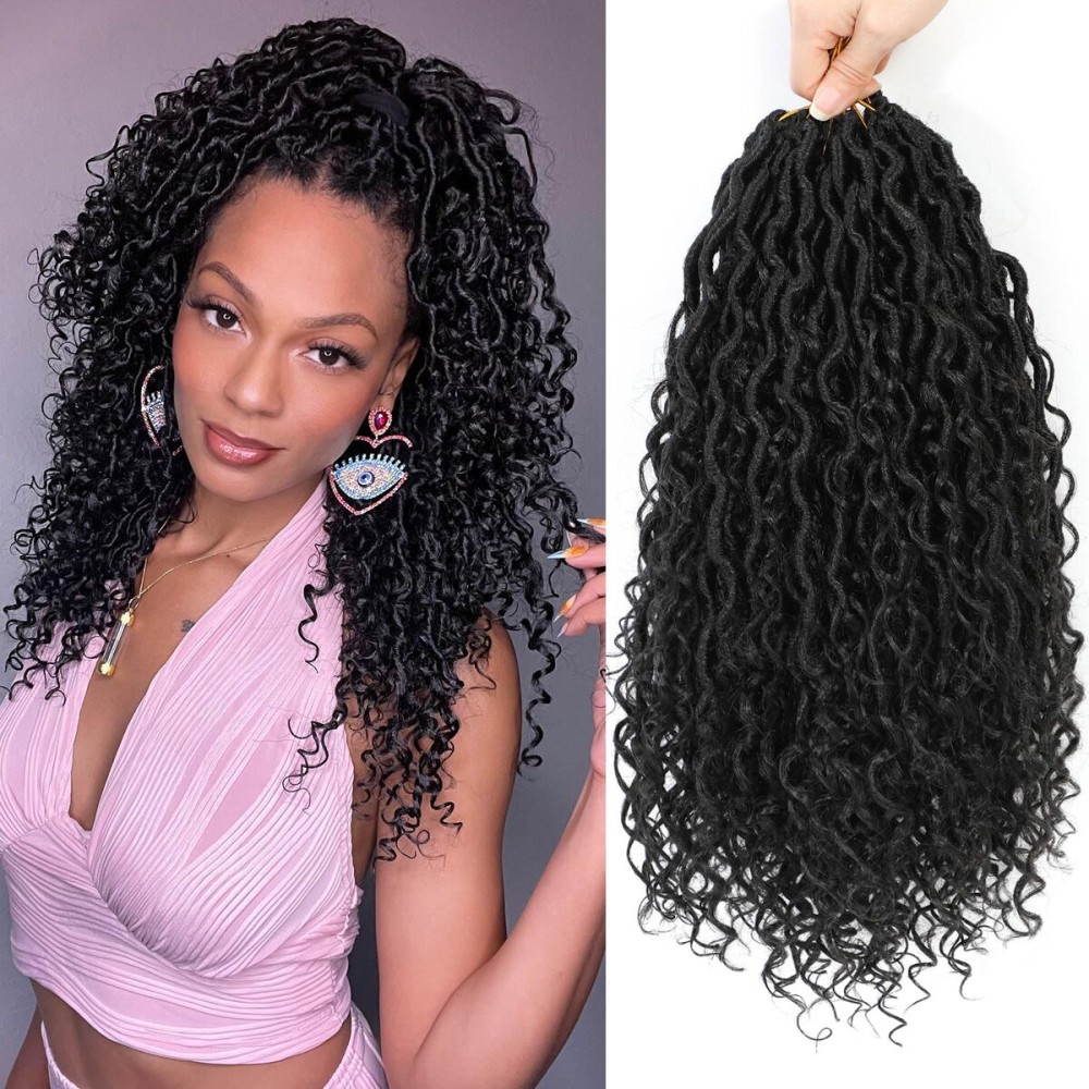 Col Bling 12 Inch 8 Packs Goddess Locs Crochet Hair Faux Locs Crochet Hair for Women Pre Looped River Locs Hair with Curly Ends Synthetic (12 Inch 8 Packs, 1B)