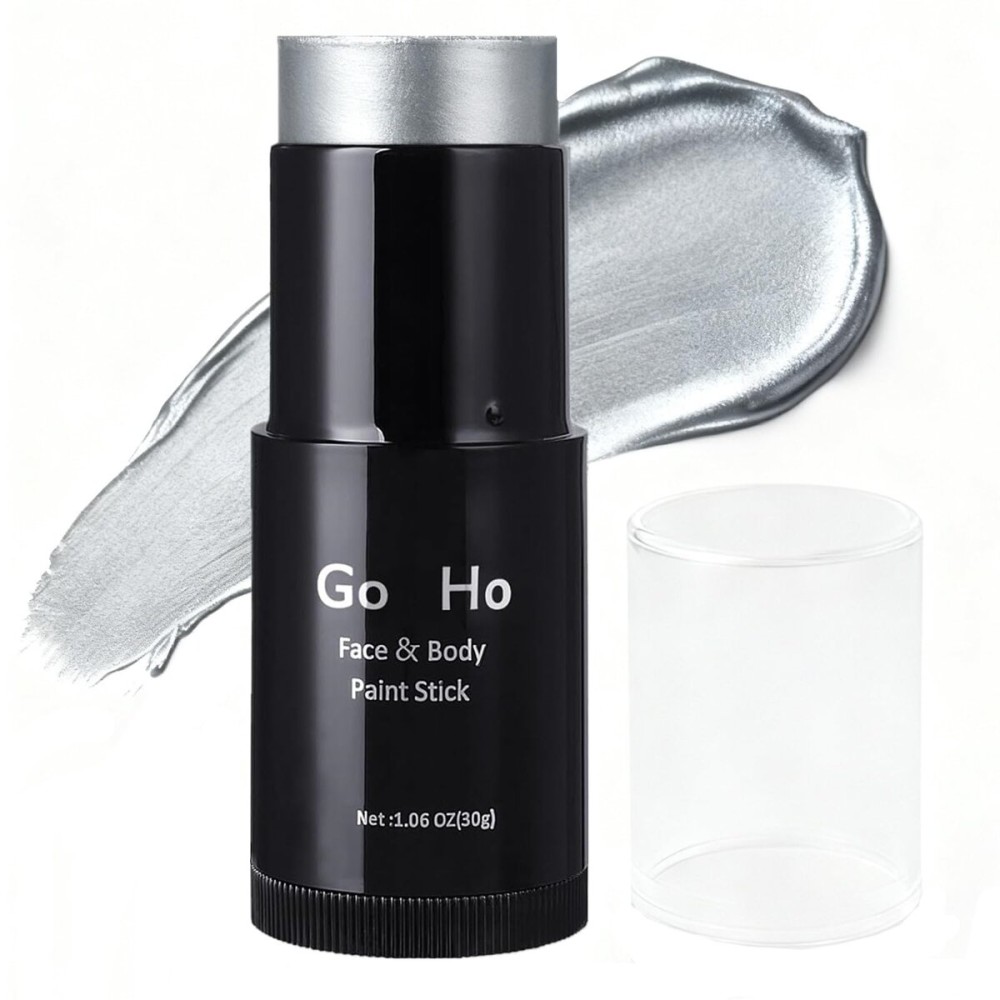 Go Ho Cream-Blendable Silver Face Paint (1.06 oz),Waterproof Metallic Silver Face Body Paint Stick for Halloween Costumes Cosplay SFX Makeup