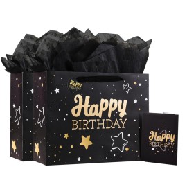 13 Black Happy Birthday Gift Bag with Tissue Paper and Greeting Card for Party,Happy Birthday Gift Bag for Men Women,Gift Bags Medium size(2 PCS Black Hot Stamping)