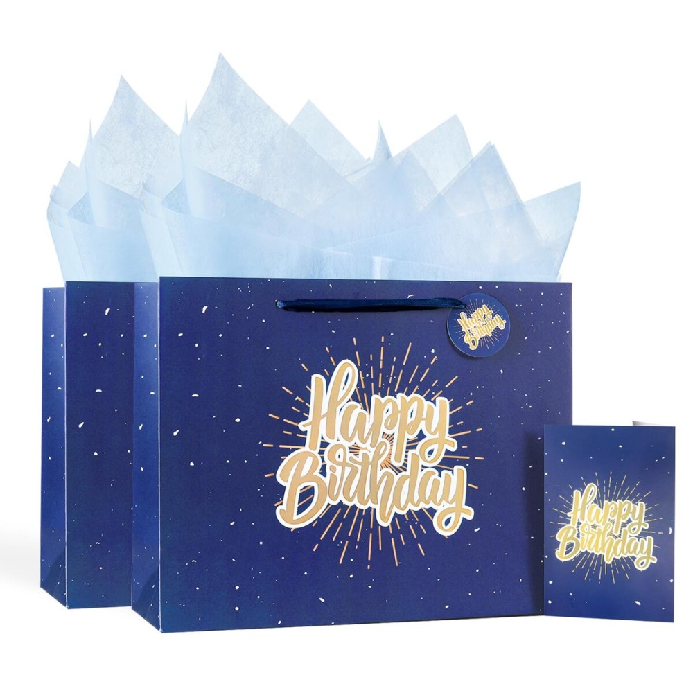 Powbrace 13 Blue Happy Birthday Gift Bag with Tissue Paper and Greeting Card for Party,Happy Birthday Gift Bag for Men Women, Gift Bags Medium size(2 PCS Blue)