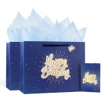 Powbrace 13 Blue Happy Birthday Gift Bag with Tissue Paper and Greeting Card for Party,Happy Birthday Gift Bag for Men Women, Gift Bags Medium size(2 PCS Blue)