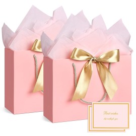 JMANNI Medium Size Gift Bags - 2Pcs Paper Gift Bag with Handles, 4 Tissue Paper & 2 Greeting Cards for Women, Girls, Bridesmaid, Birthday, Valentines, Wedding, Party (Pink)