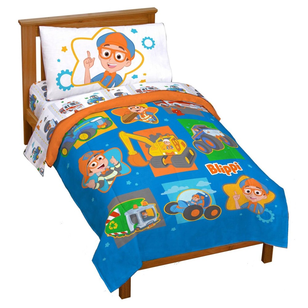 Jay Franco Blippi & Meekah Trucks Toddler Comforter Set - 4 Piece Blue Bedding Sheet Set & Pillow Cover - Super Soft Microfiber Bed Set