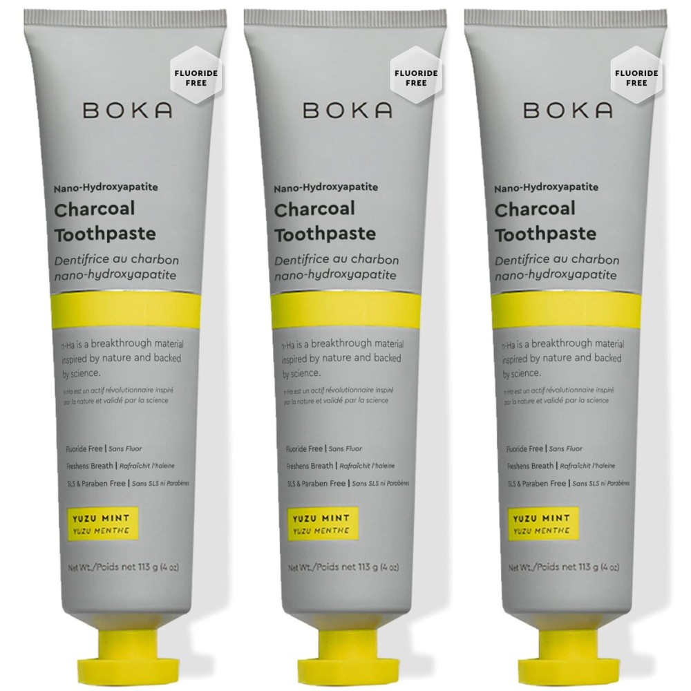 Boka Fluoride Free Toothpaste, Nano Hydroxyapatite Toothpaste, Appropriate for Sensitive Teeth - for Adult, Kids Oral Care - Charcoal Yuzu Mint Flavor, 4 Fl Oz 3Pk US Manufactured