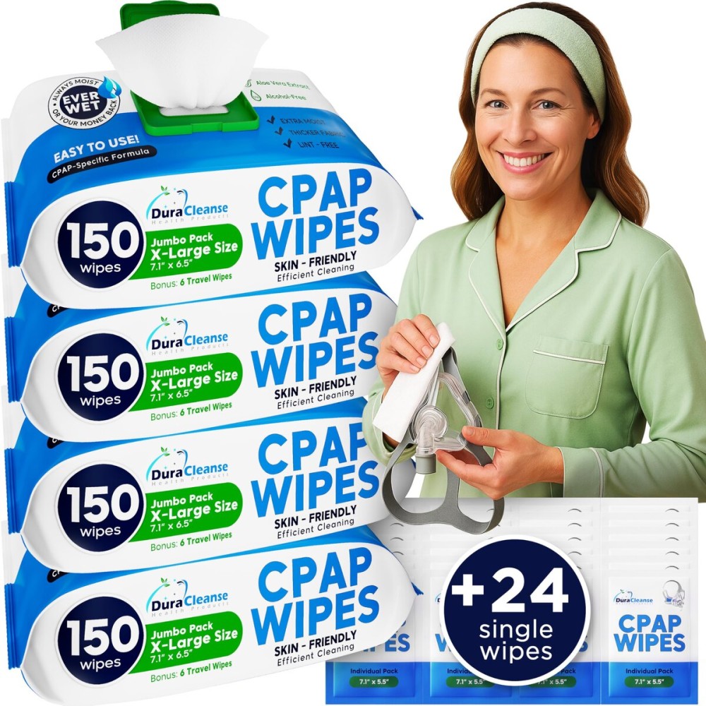 Dura Cleanse CPAP Mask Cleaning Wipes - 4 Pack, 4x150 Count + 24 Travel Sheets - Extra Large and Moist Cleaning Wipes for Full Face, Nasal Masks, CPAP Machines & Supplies - Skin Safe with Aloe Vera