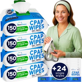 Dura Cleanse CPAP Mask Cleaning Wipes - 4 Pack, 4x150 Count + 24 Travel Sheets - Extra Large and Moist Cleaning Wipes for Full Face, Nasal Masks, CPAP Machines & Supplies - Skin Safe with Aloe Vera