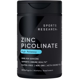 Sports Research High Potency Zinc Picolinate 50mg with Organic Coconut Oil | Highly Absorbable Zinc Supplement for Healthy Immune & Enzyme Function - Non-GMO Tested & Gluten-Free (120 Liquid Softgels)