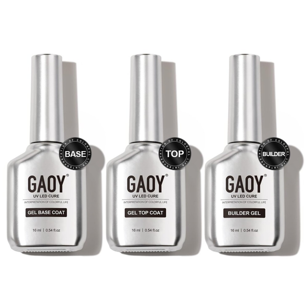 GAOY Gel Top Coat, Builder Gel and Base Coat Set, 3 Pcs 16ml Clear Glossy No Wipe Combination for UV Light Cure