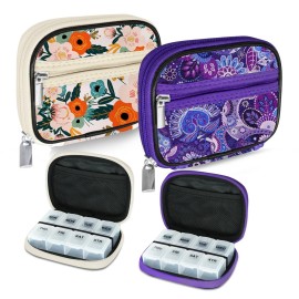 Serfeymi Weekly Travel Pill Organizer Pill Case for Purse with Removable 7 Day Pill Box, Fashionable Travel Medicine Organizer Pill Container for Medicine, Vitamin, Supplement - Bloom 01 + Purple 01