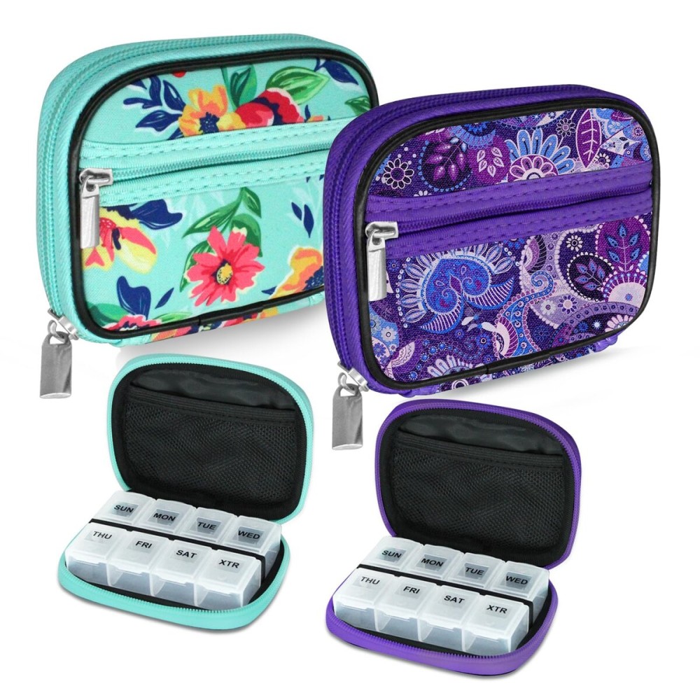Serfeymi Weekly Travel Pill Organizer Pill Case for Purse with Removable 7 Day Pill Box, Fashionable Travel Medicine Organizer Pill Container for Medicine, Vitamin, Supplement - Green 01 + Purple 01