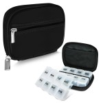 Serfeymi Weekly Travel Pill Organizer Pill Case for Purse with Removable 7 Day Pill Box, Fashionable Travel Medicine Organizer Pill Container for Medicine, Vitamin, Supplement - Black 01 + Pill Box