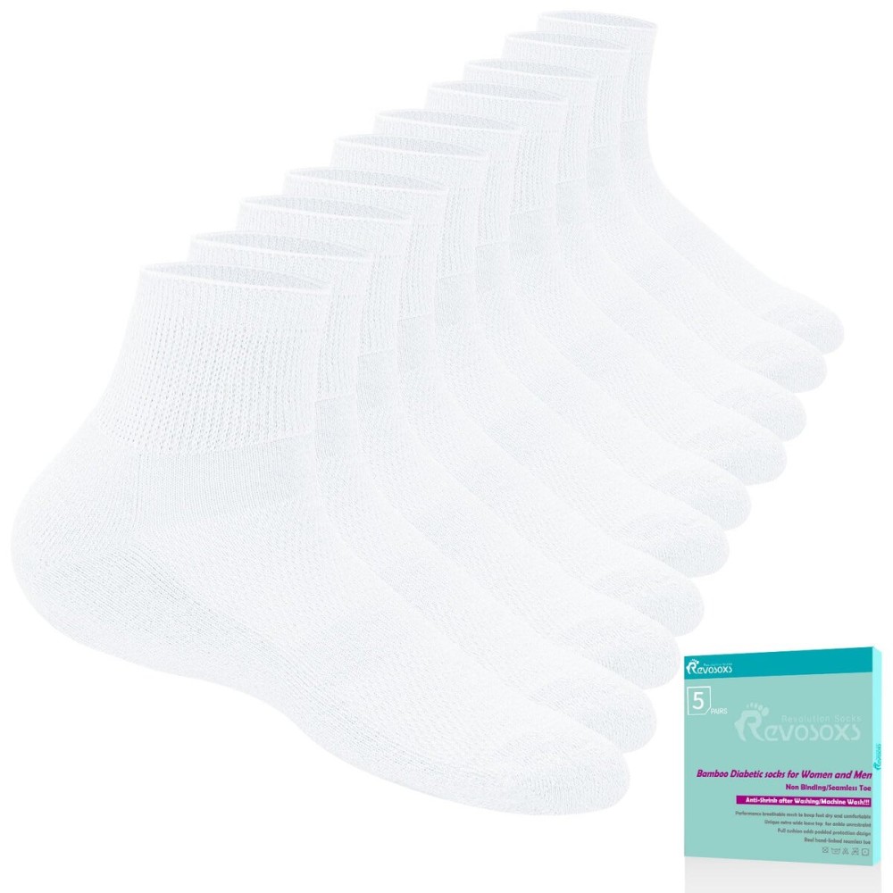 Revosoxs Diabetic Socks for Women Men,5 Pairs Non Binding Diabetic Ankle Socks,Wide Stretchy Loose Seamless Socks(White-Large)