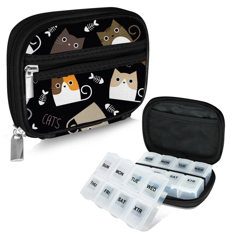 Serfeymi Weekly Travel Pill Organizer Pill Case for Purse with Removable 7 Day Pill Box, Fashionable Travel Medicine Organizer Pill Container for Medicine, Vitamin, Supplement - Black 03 + Pill Box