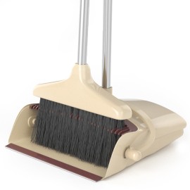 Broom and Dustpan Combo Set with Long Handle (54 L) Angle Broom Dust Pan for Home Kitchen Indoor Cleaning (Brown and Beige)