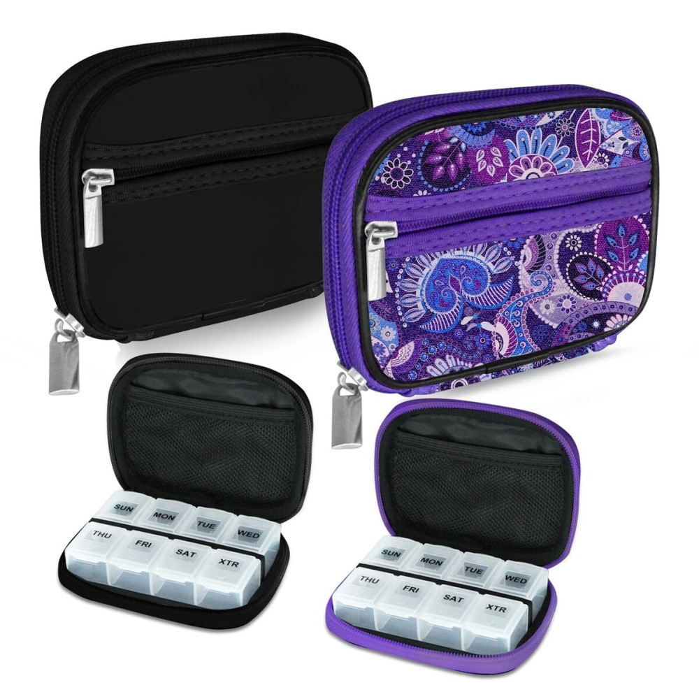 Serfeymi Weekly Travel Pill Organizer Pill Case for Purse with Removable 7 Day Pill Box, Fashionable Travel Medicine Organizer Pill Container for Medicine, Vitamin, Supplement - Black 01 + Purple 01