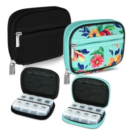 Serfeymi Weekly Travel Pill Organizer Pill Case for Purse with Removable 7 Day Pill Box, Fashionable Travel Medicine Organizer Pill Container for Medicine, Vitamin, Supplement - Black 01 + Green 01