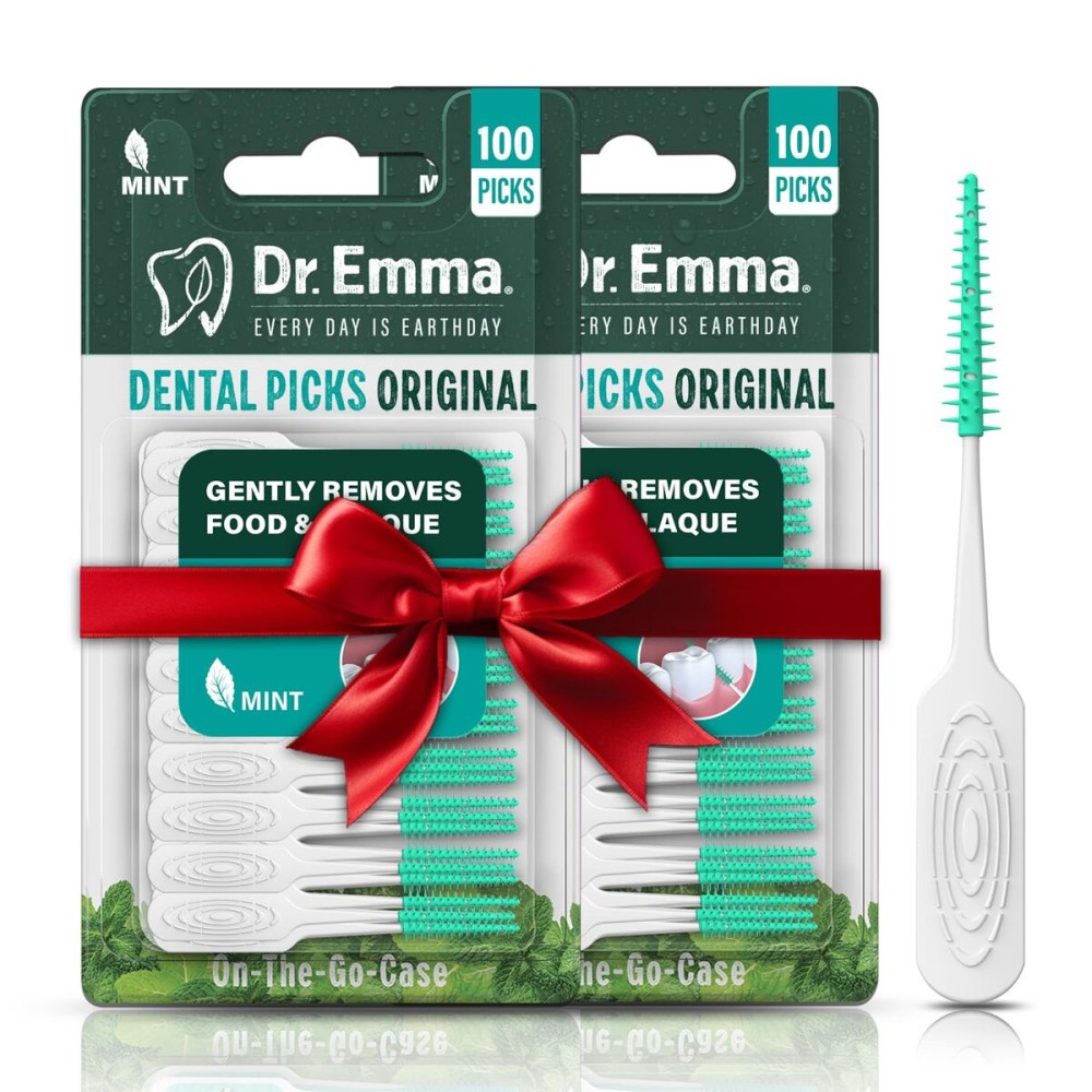 Dr. Emma Original Dental Picks Mint Soft Rubberized Tooth Picks Easy to Use Brush Picks 100Ct/Pack, 2 Packs (200Ct)