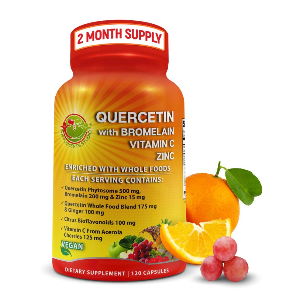 Quercetin with Bromelain Vitamin C and Zinc Enriched with Organic Whole Foods - 1215mg per Serving - Quercetin Phytosome 500mg Capsules with Ginger and Flavonoids for Immune Support - 120 Count