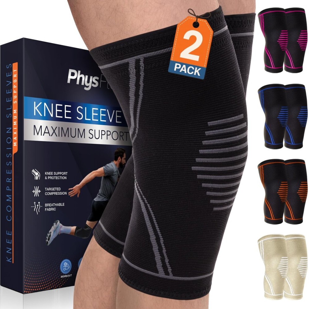 PhysFlex Knee Brace for Pain Relief - 2 Pack Knee Compression Sleeves for Men and Women - Support for Weightlifting, Gym, Workout, Volleyball - Meniscus Tear, ACL, Arthritis