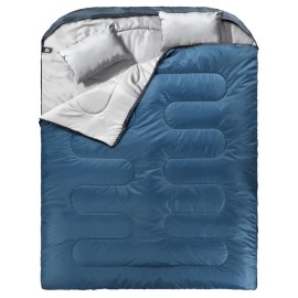 MEREZA Double Sleeping Bag for Adults Mens with Pillow, XL Queen Size Two Person Sleeping Bag for All Season Camping Hiking Backpacking 2 Person Sleeping Bags for Cold Weather & Warm (Blue&Gray)