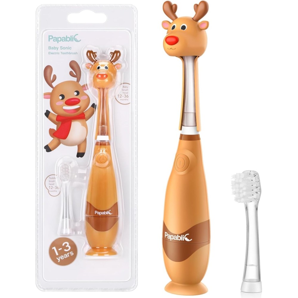 Papablic Toddler Sonic Electric Toothbrush for Ages 1-3 Years, Baby Electric Toothbrush with Cute Reindeer Cover and Smart LED Timer, 2 Brush Heads (Ruby)