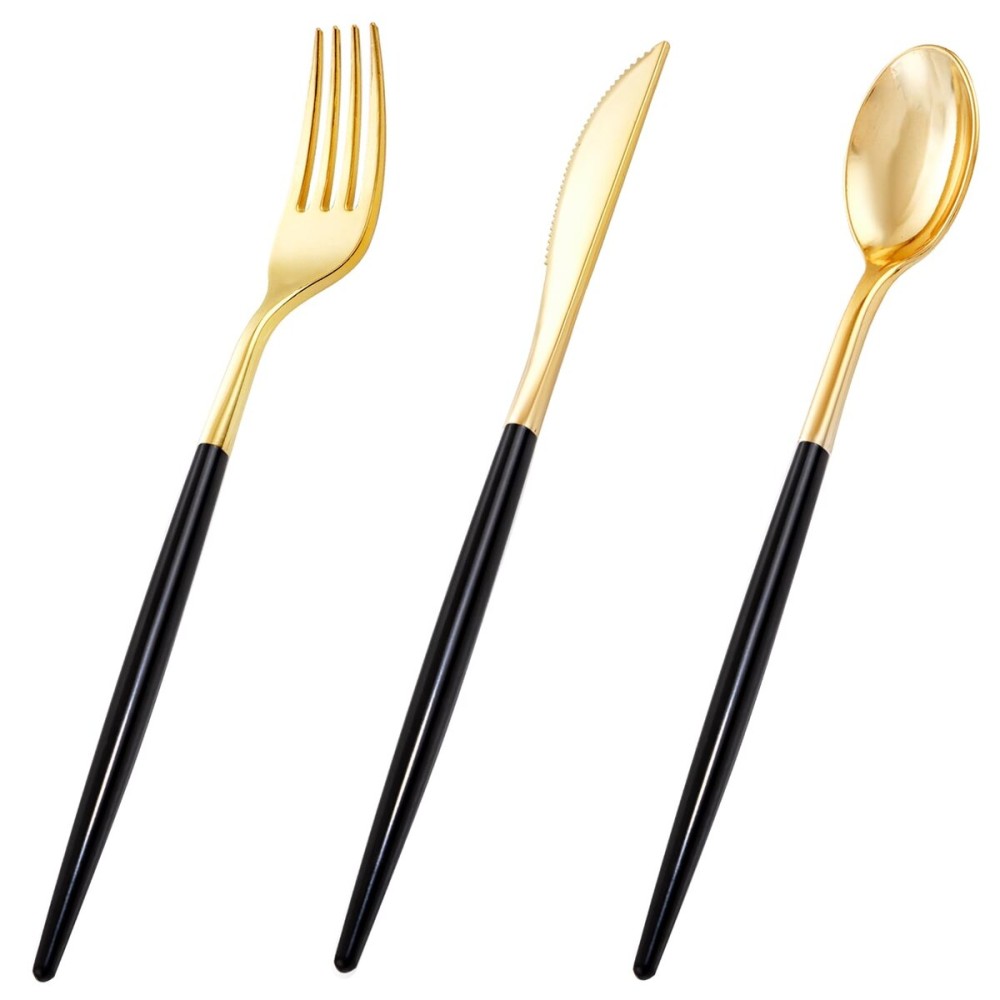 I00000 60 Pack Gold Silverware Set with Black Handle,Heavy Duty Black Plastic Cutlery Include 20 Forks 20 Knives 20 Spoons, Plastic Utensils Set for Party