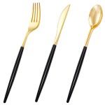 I00000 60 Pack Gold Silverware Set with Black Handle,Heavy Duty Black Plastic Cutlery Include 20 Forks 20 Knives 20 Spoons, Plastic Utensils Set for Party
