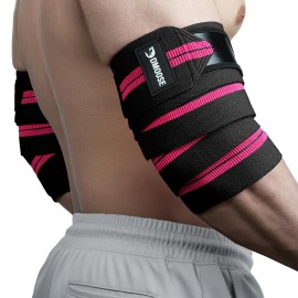 DMoose Fitness Elbow Wraps for Weightlifting (Pair) - 40\'\' Adjustable Elbow Strap for Gym Workout, Bench Press & Powerlifting - Compression Wraps for Tendonitis & Joint Support (Pink Stripes)