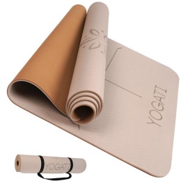 YOGATI Non Slip Yoga Mat with Alignment Lines. Home Workout Mat for Women, Men and Kids. Thick Yoga Mats with Strap for Pilates and Fitness. Brown Yoga Mat.