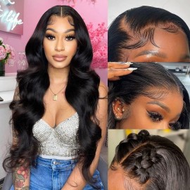 CITY GIRL 34 Inch Body Wave Lace Front Wigs Human Hair Pre Plucked 13x4 hd Transparent Lace Frontal Body Wave Human Hair Wig for Women 200 Density Natural Black